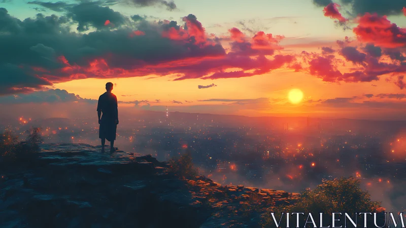 Solitary figure watches a glowing city ignite beneath sunset skies