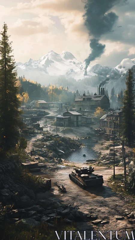 War-torn mountain valley where steel crawls beneath smoke.