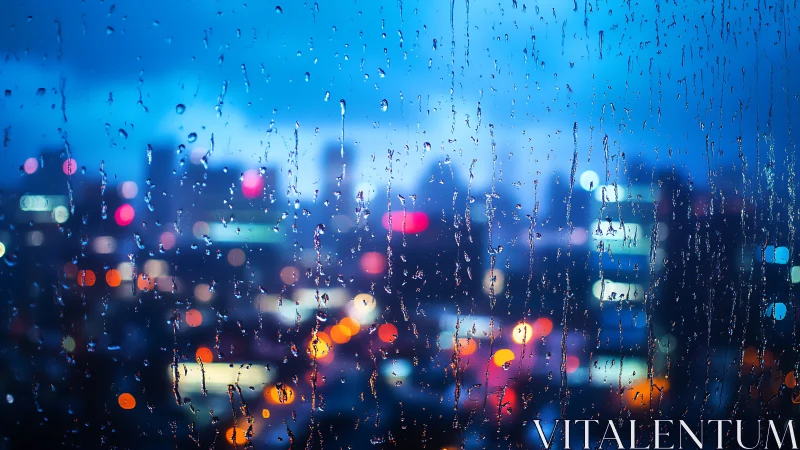 Rain-streaked window overlooks neon city lights at dusk