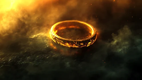 Glowing golden ring suspended in fiery swirling smoke.