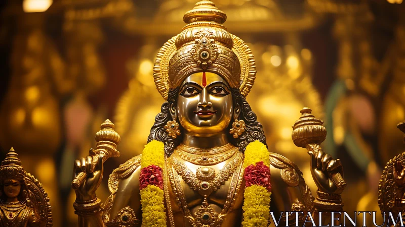 Central gilded deity statue is displayed in sharp frontal view