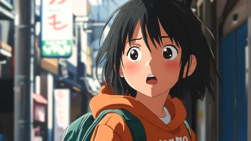 Anime girl in orange hoodie on urban street background.