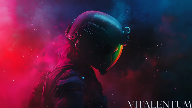 Neon-helmed space wanderer drifting through prismatic smoke.