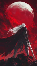 Lone silver-haired warrior beneath a haunting crimson moon.