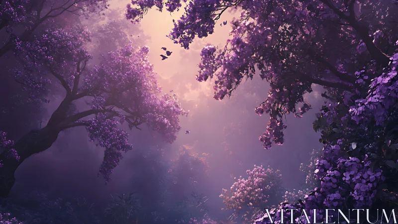 Purple Forest Canopy with Birds in Ethereal Mist.