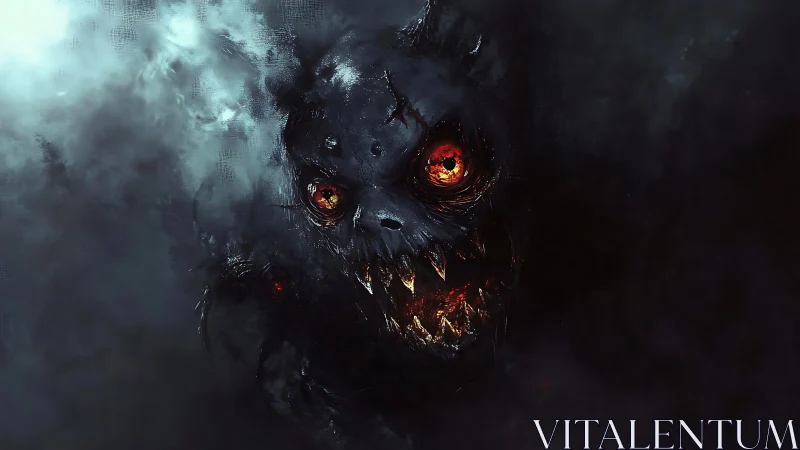 Demonic void creature with glowing ember eyes emerges from dark fog.