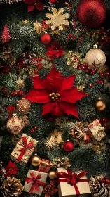 Poinsettia dreams amid glittering gifts and evergreen wonder.