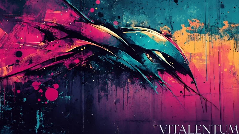 Neon avian form slices through cyan and magenta sprayfield