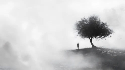 Silhouetted figure stands near solitary tree on foggy hillside