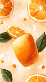 Sunny orange popsicle with fresh citrus slices and leaves.