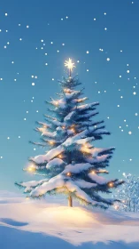 Photorealistic snow-laden Christmas tree with soft bokeh lights.