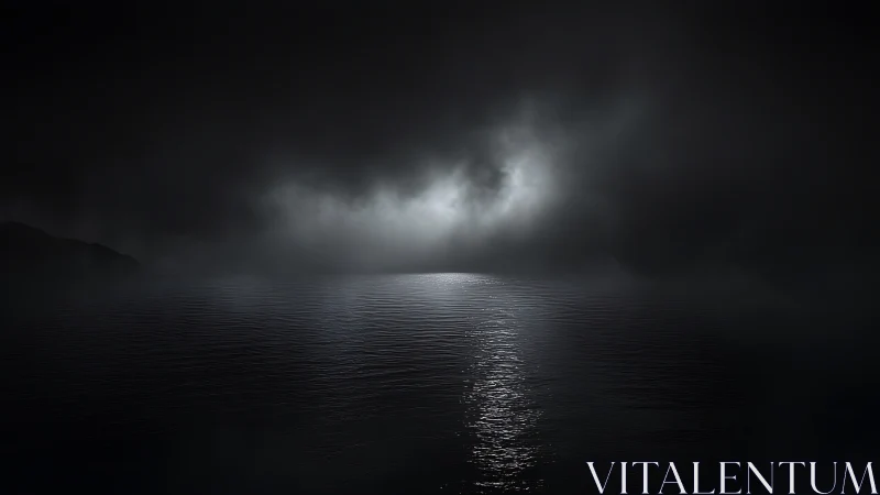 Soft moonlit glow over a quiet, misty night ocean.