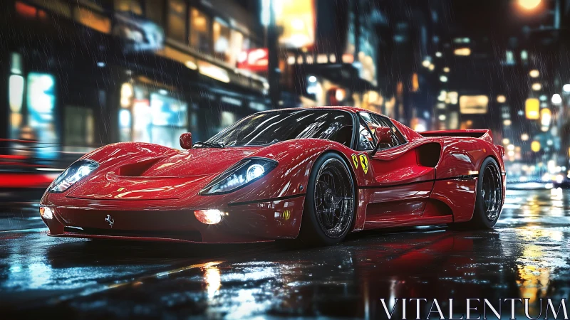 Red supercar cuts wet neon city street with razor gloss.