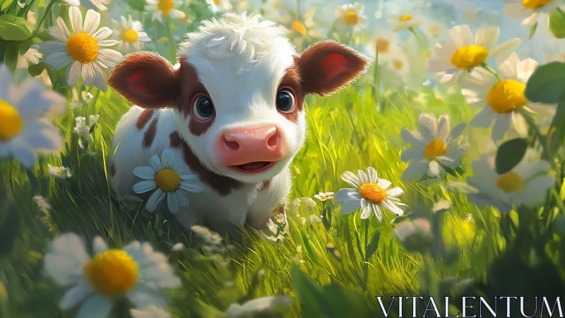 Cute cartoon calf in bright green meadow with daisies.