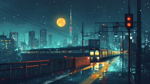 Midnight city train glides through neon rain and moonlight