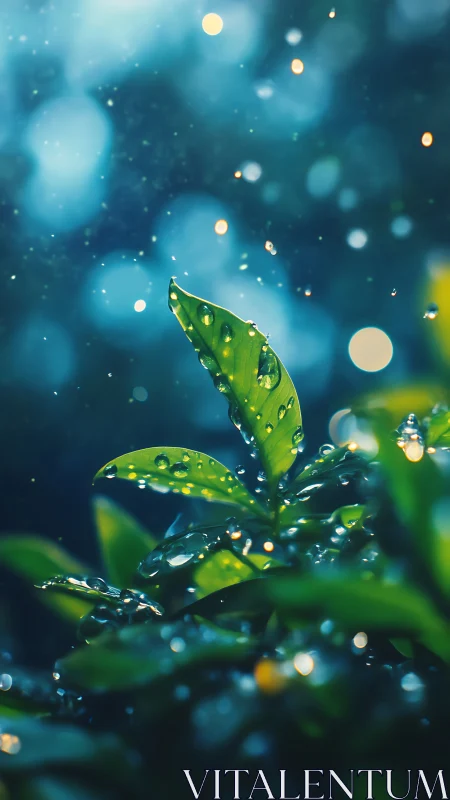 Single wet leaf extends upward amid defocused water droplets