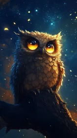 Nocturnal owl on branch under starry sky, stylized render.