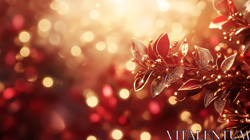 Macro bokeh study of glittered red holiday foliage in sunlight