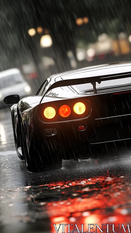 Black sports car on wet city street in heavy rain.