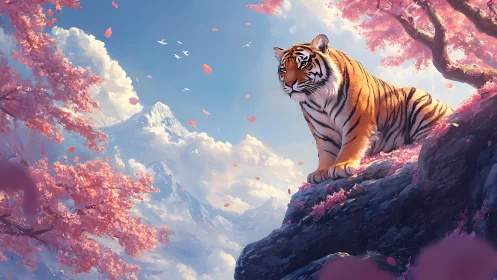 Tiger sentinel beneath cherry skies and whispering peaks.