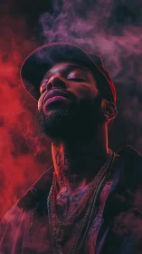 Neon haze crown around a calm, inked urban dreamer.