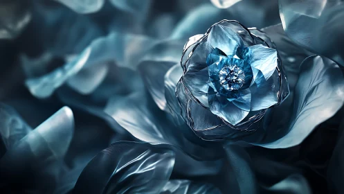 Metallic blue flower with crystalline center in close view.