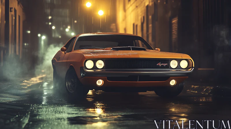 Orange vintage muscle car on wet city street at night.