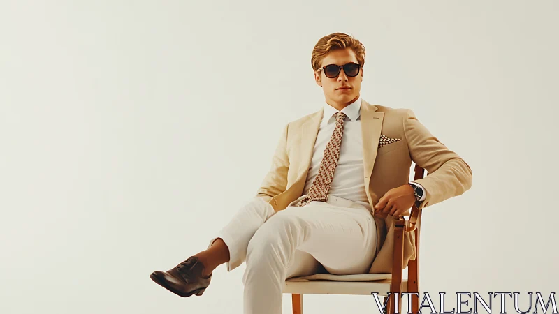Stylish man in beige suit sits confidently against white