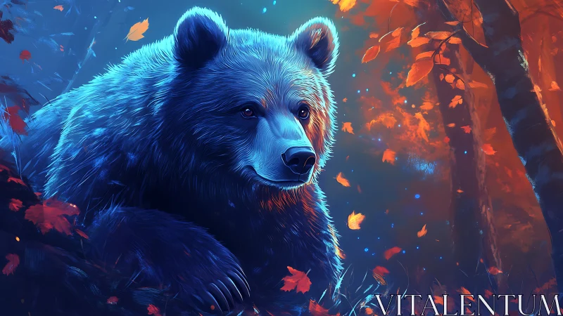 Digital bear portrait shows cool blue fur in warm forest