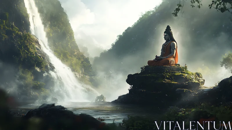 Serene river deity meditating beside mist-veiled waterfall.