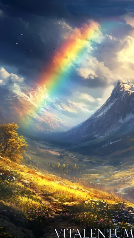 Sunlit alpine valley with radiant rainbow and storm clouds.