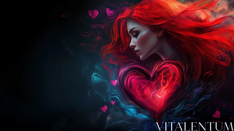 Woman with Flowing Red Hair and Glowing Red Heart Against Dark Background