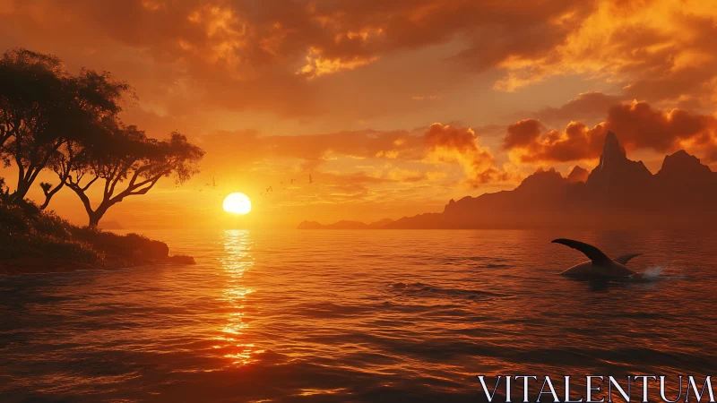 Volumetric sunset seascape with breaching whale and coastal silhouettes.