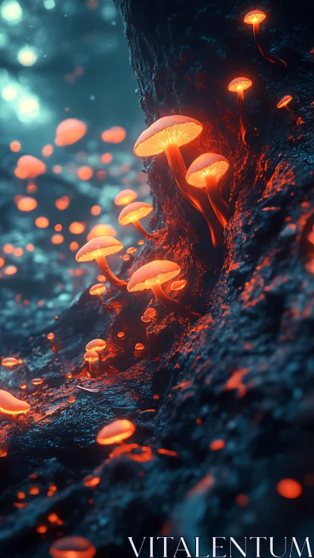 Bioluminescent fungi cluster in teal bokeh forest ravine.