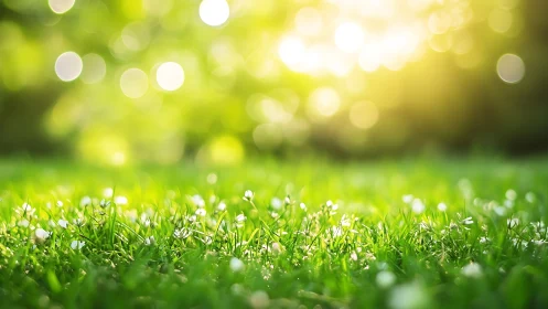 Sunlit grass field shows shallow depth and bright bokeh