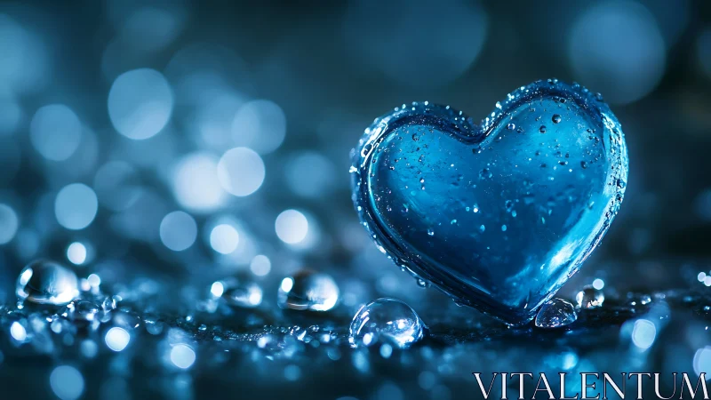 Blue glass heart with water droplets on reflective surface.