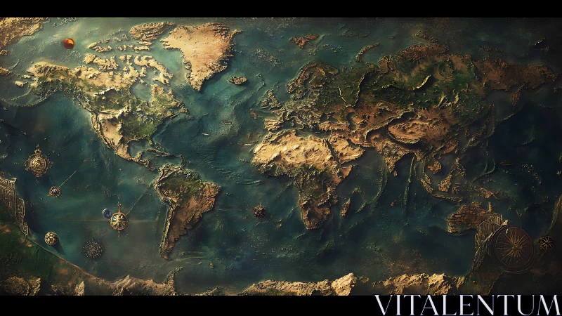 Textured world map relief with vintage nautical details.