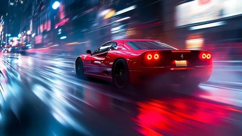 Red sports car on wet neon city street at night scene.