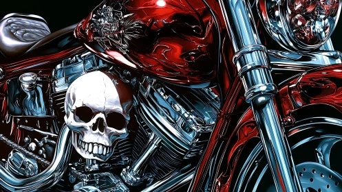 Chrome bones grin beneath a blood-red roaring motorcycle
