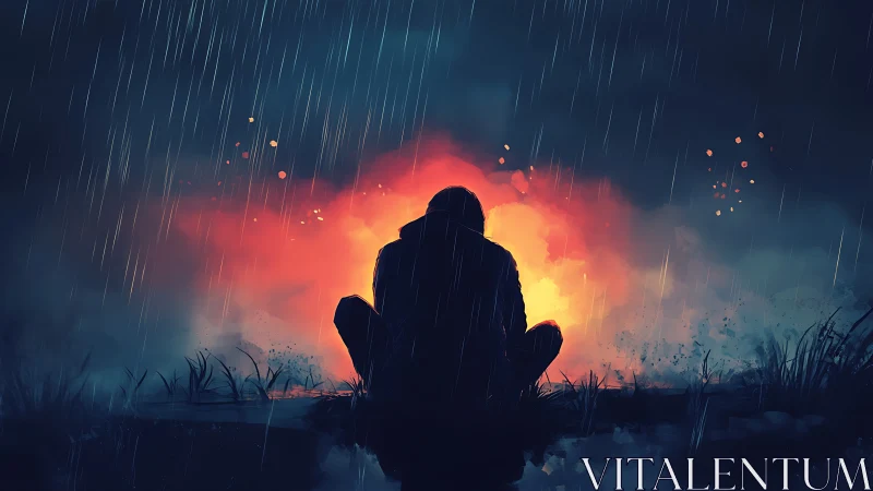Solitary hooded figure facing distant fire in heavy rain.
