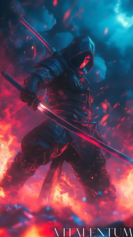 Hooded cyber ninja dominates inferno with twin katanas.