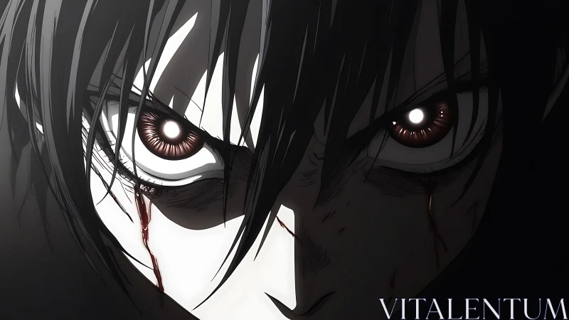 Intense anime face with glowing eyes and bloodstained cheeks