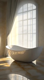 Sunlit sculptural bathtub basking in a golden quiet hush.