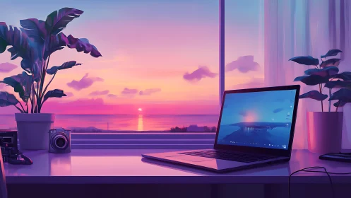 Digital workspace facing vivid ocean sunset horizon.