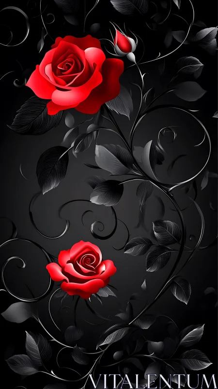 Red roses with ornamental foliage on dark background.