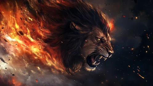 Infernal lion head roars through swirling cosmic flames.