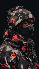 Vector portrait of masked figure in red-accent urban camouflage outerwear