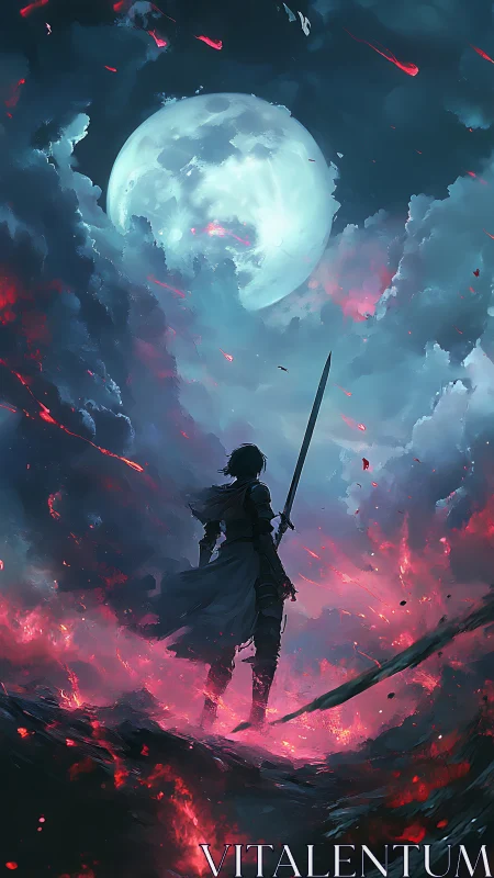 Lone swordsman confronts burning night beneath colossal moon.
