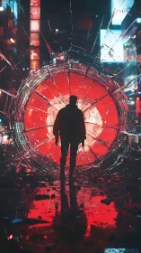 Shattered neon portal crowns a lone wanderer in crimson storm.