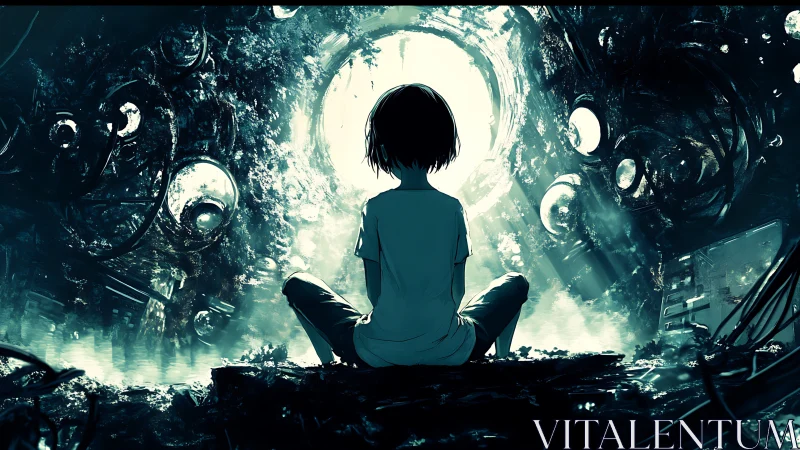 Young dreamer rests before a glowing sci fi gateway of wonder